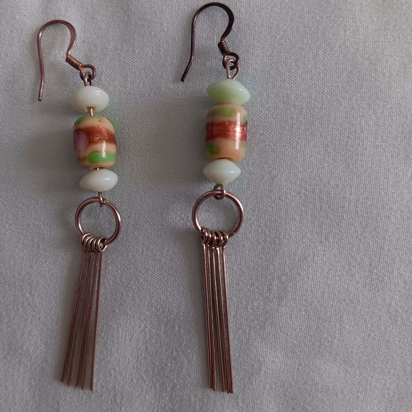 Handmade~Metallic Tan Pale Blue Beaded Silver Dangle Earrings NWOT - Picture 6 of 11